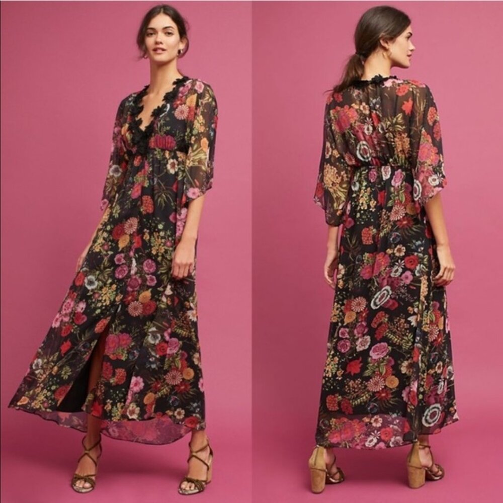 Farm Rio womens black sheer v neck flowy Laina Floral Maxi Dress size XS